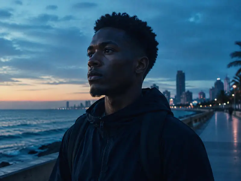 Jovem à beira-mar ao fim da tarde, a olhar em frente